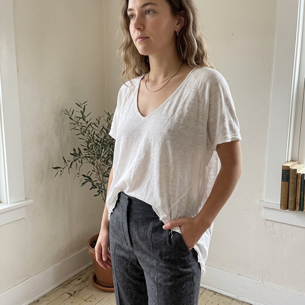 Malo Womens Top Large Linen V-Neck High Low Hem Slub Minimalist Quiet Luxury
